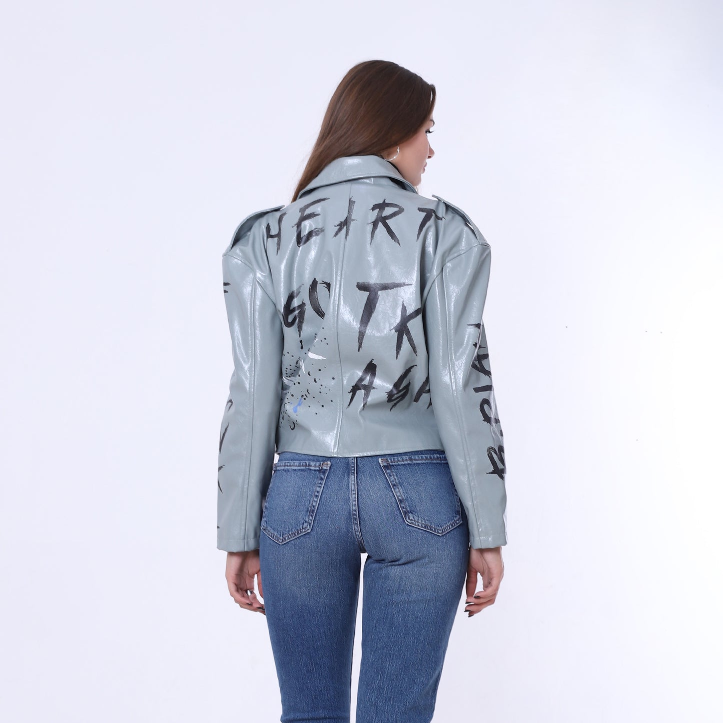 Mint Belted High-Hip Printed Leather Jacket