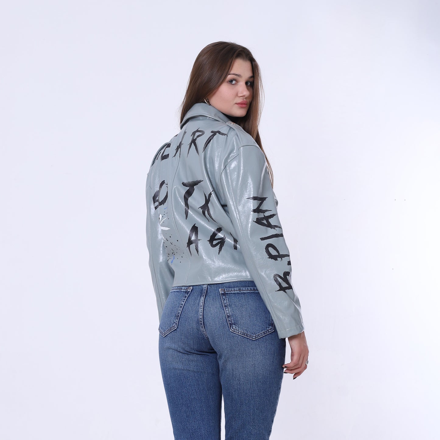 Mint Belted High-Hip Printed Leather Jacket