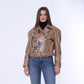 Camel Belted High-Hip Printed Leather Jacket