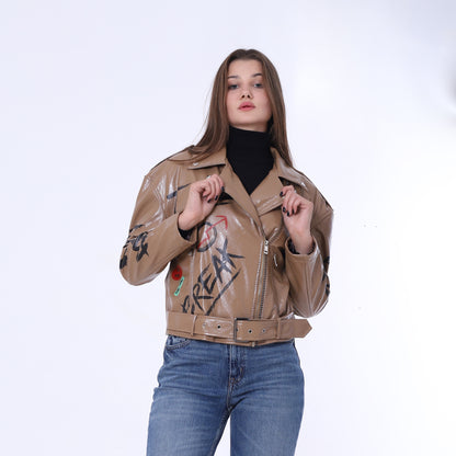 Camel Belted High-Hip Printed Leather Jacket