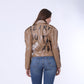 Camel Belted High-Hip Printed Leather Jacket