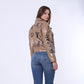 Camel Belted High-Hip Printed Leather Jacket