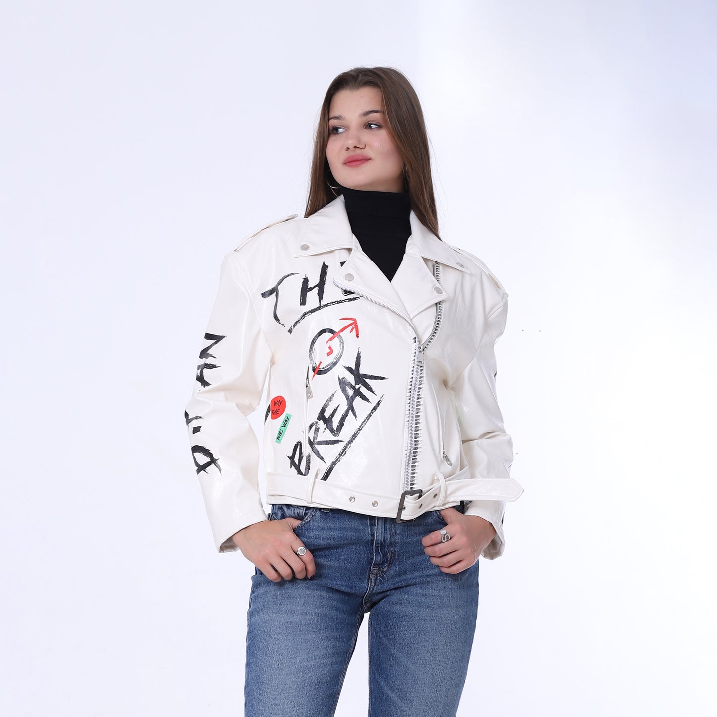 White Belted High-Hip Printed Leather Jacket