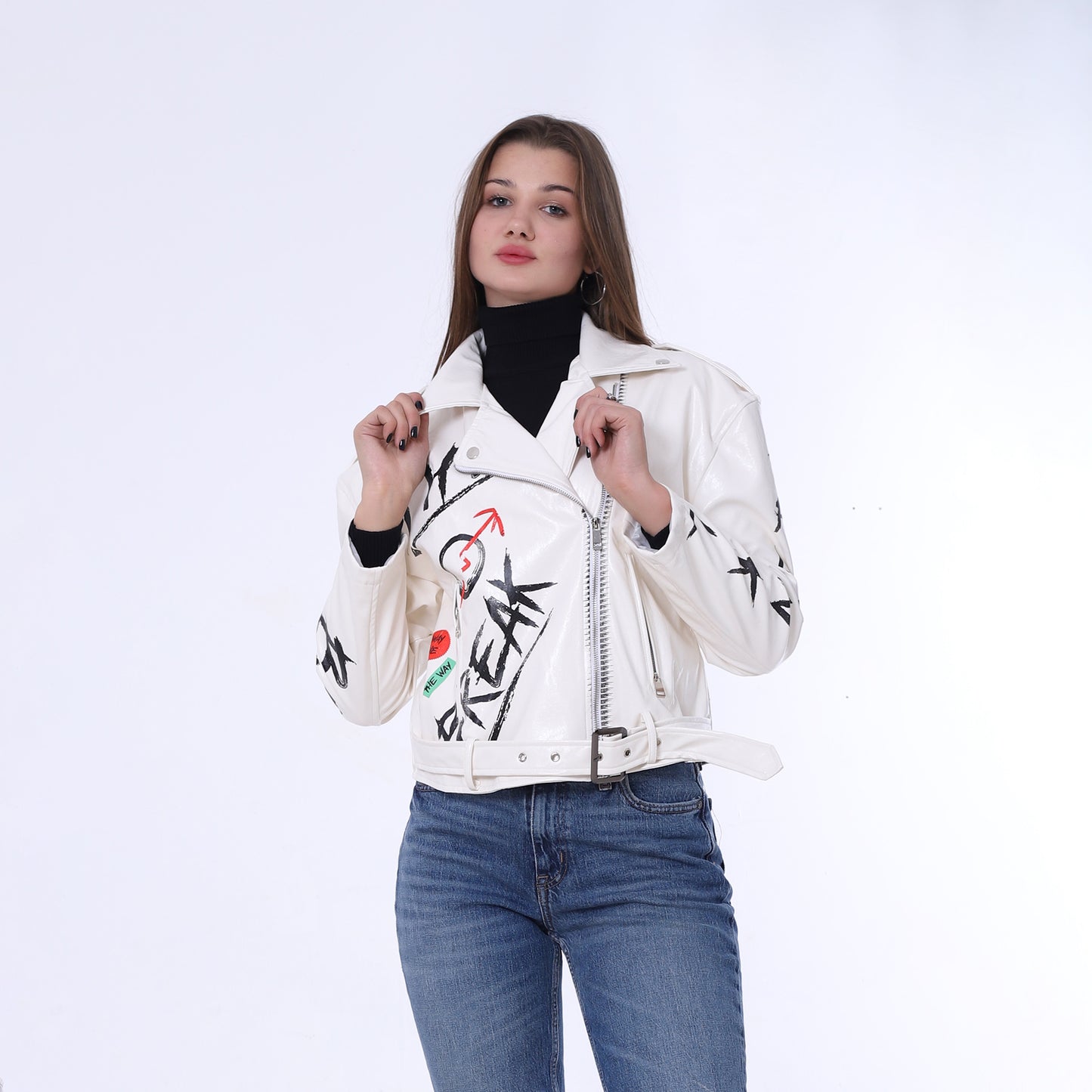 White Belted High-Hip Printed Leather Jacket