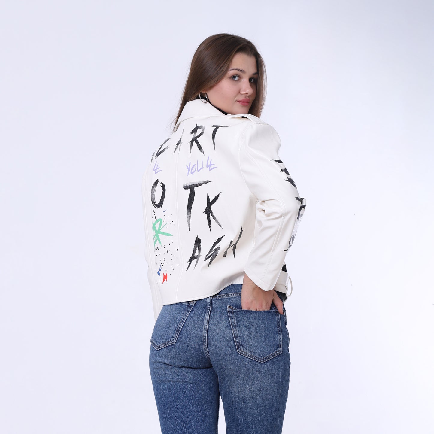 White Belted High-Hip Printed Leather Jacket