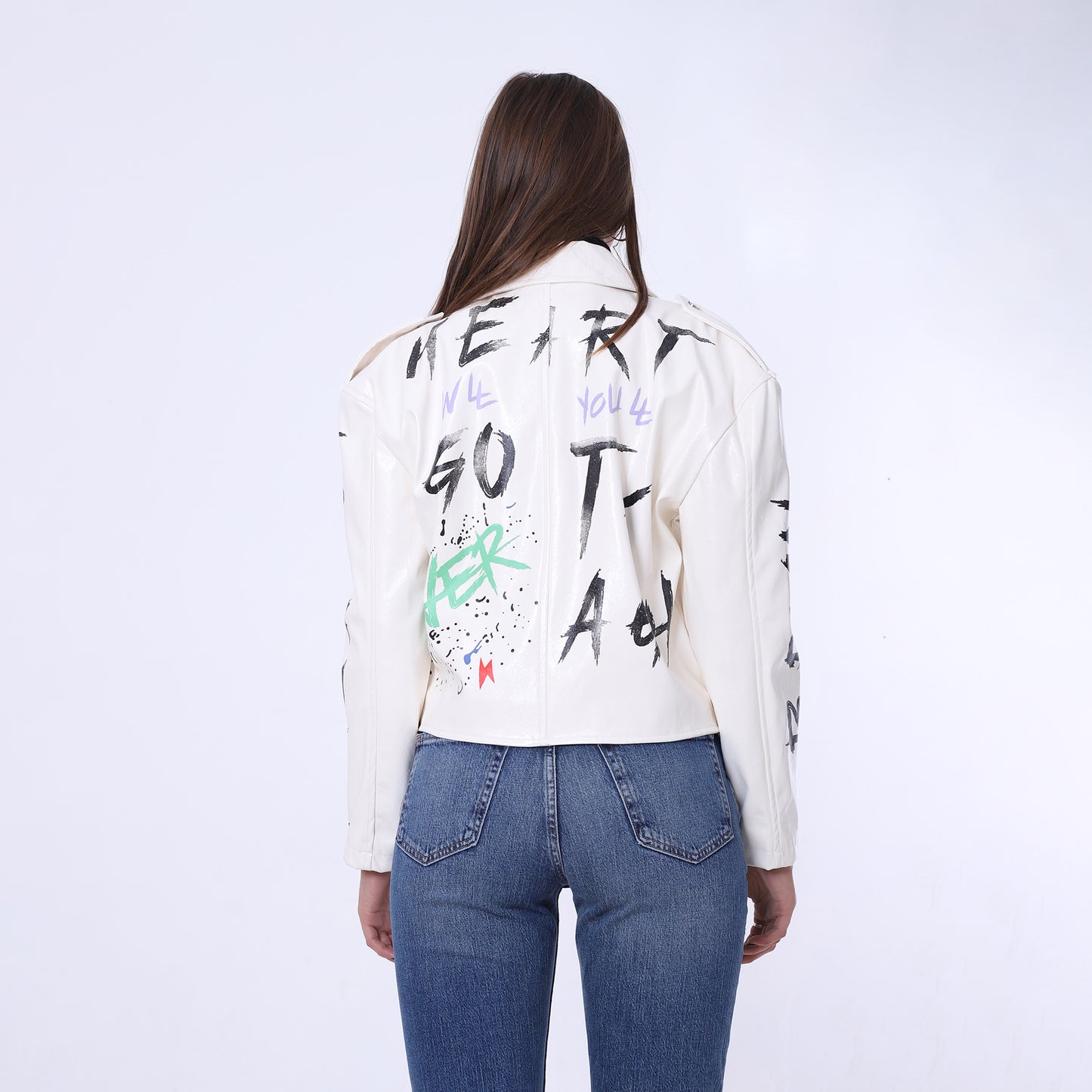 White Belted High-Hip Printed Leather Jacket