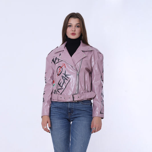 Mauve Belted High-Hip Printed Leather Jacket