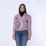 Mauve Belted High-Hip Printed Leather Jacket