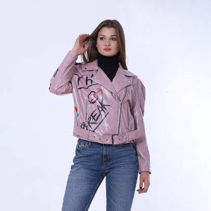 Mauve Belted High-Hip Printed Leather Jacket