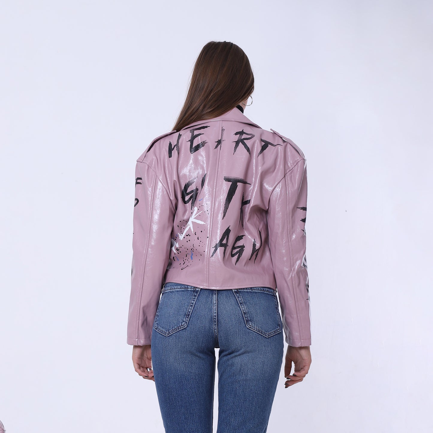 Mauve Belted High-Hip Printed Leather Jacket