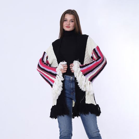 كارديجان أسود مفتوح بشراشيب