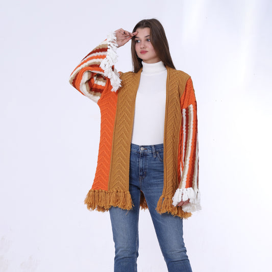 Orange Open Tassel Cardigan