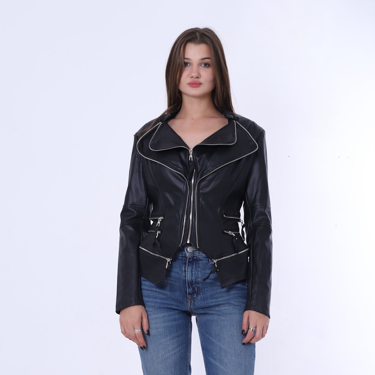 Black High-Hip Leather Jacket