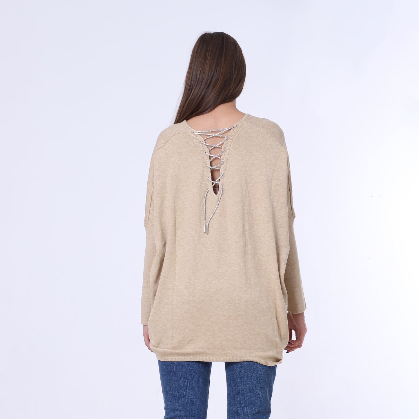 Beige Back Strass Tie Oversized Pullover