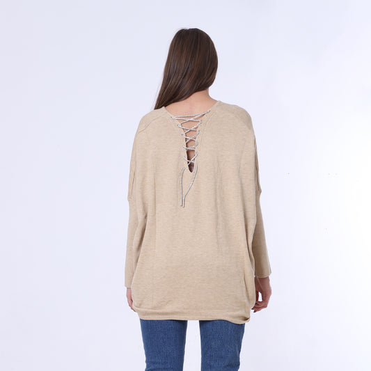 Beige Back Strass Tie Oversized Pullover