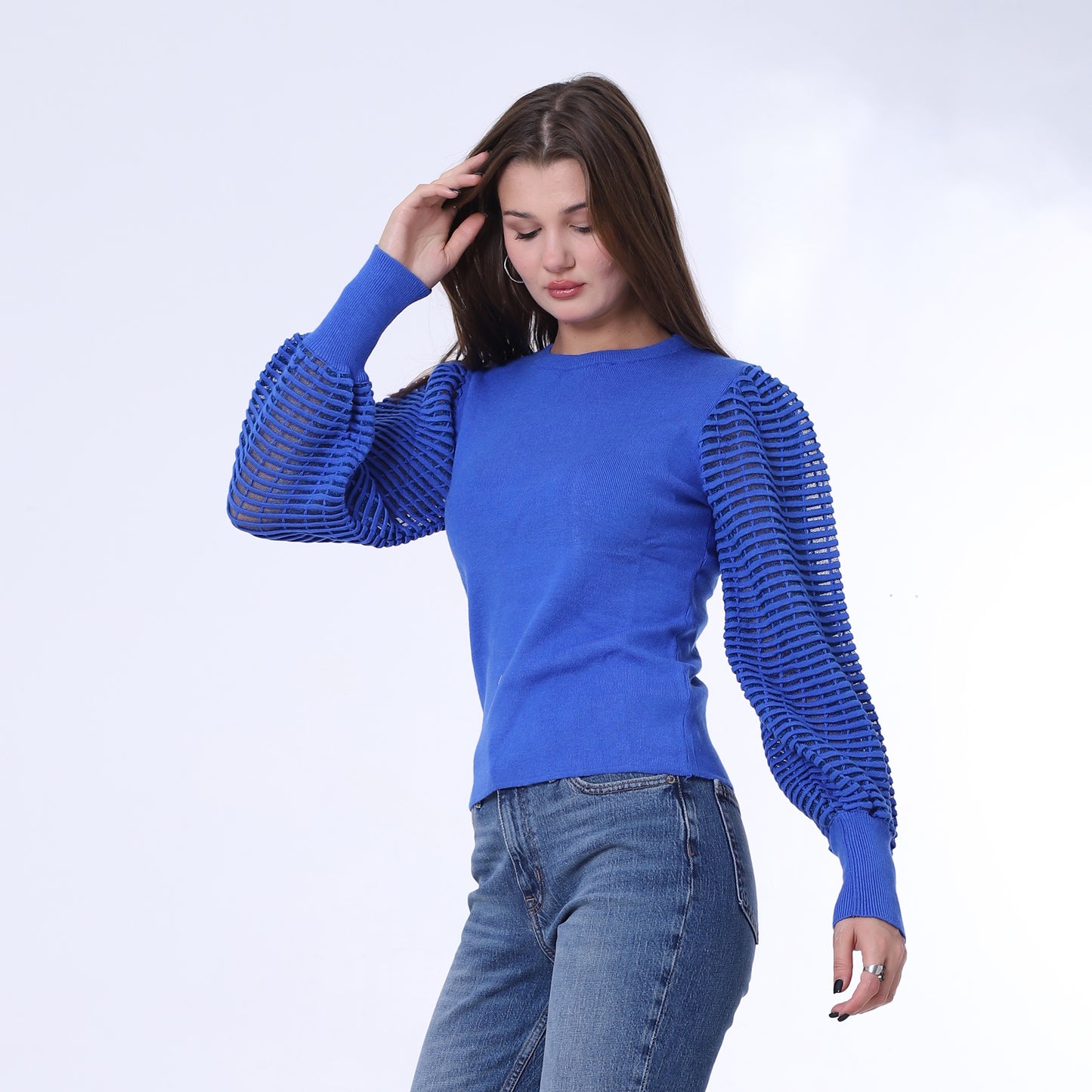 Blue Puff Sleeves Plain Pullover