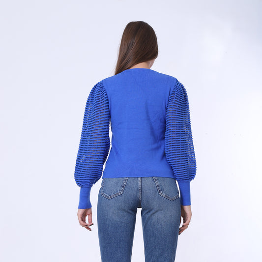 Blue Puff Sleeves Plain Pullover