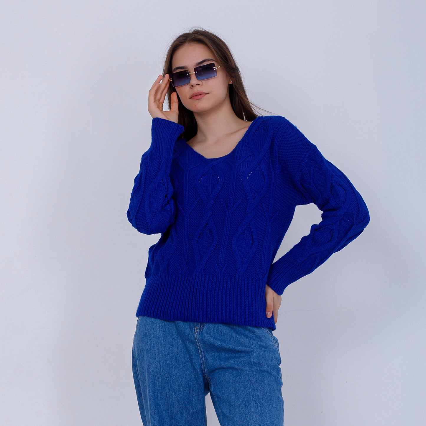 Blue Wide Neck Cable Knit Pullover