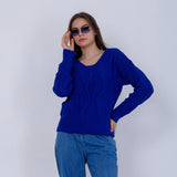 Blue Wide Neck Cable Knit Pullover