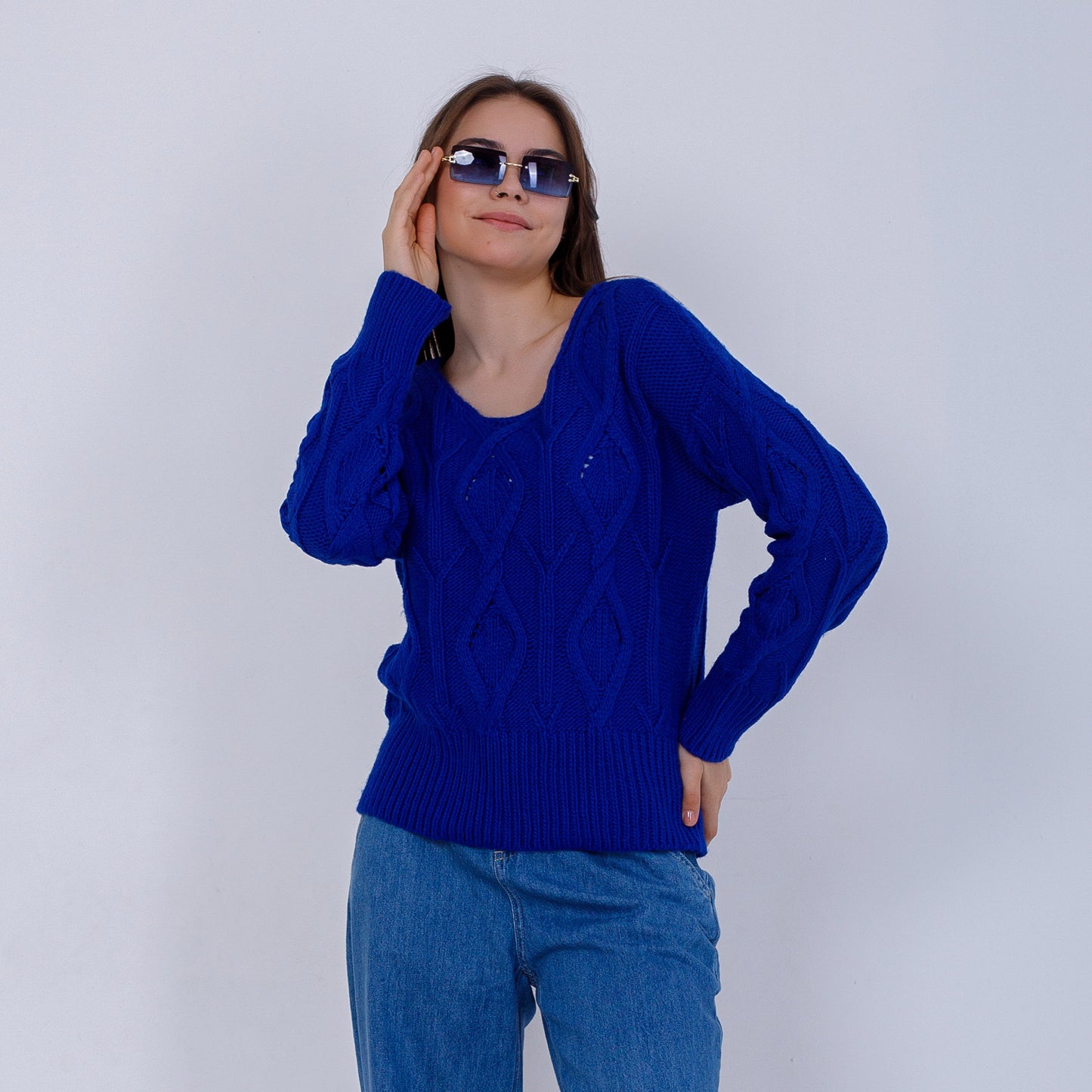 Blue Wide Neck Cable Knit Pullover