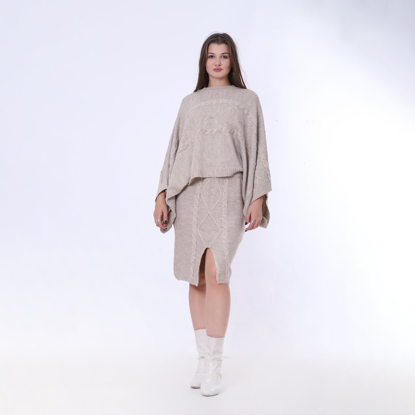 Beige Knitted Set of Loose Pullover & Midi Skirt