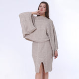 Beige Knitted Set of Loose Pullover & Midi Skirt