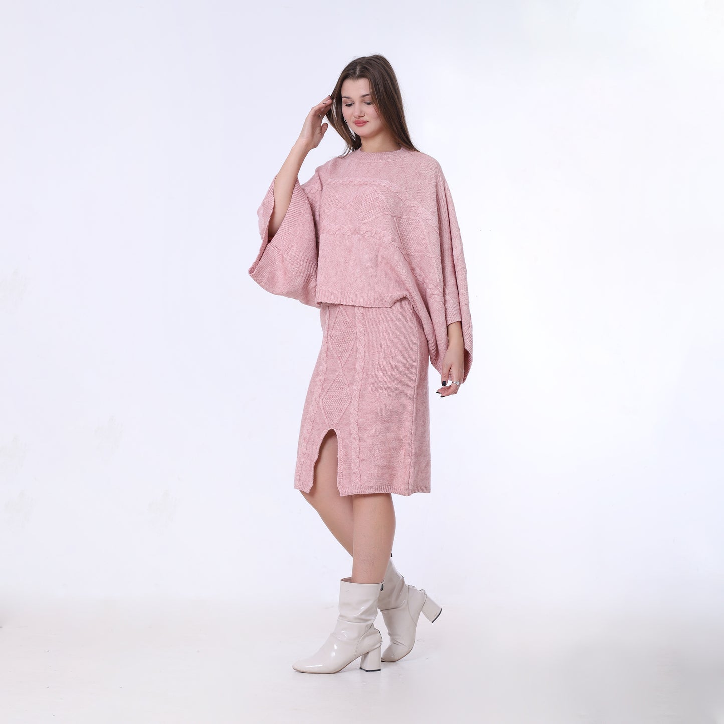 Rose Knitted Set of Loose Pullover & Midi Skirt