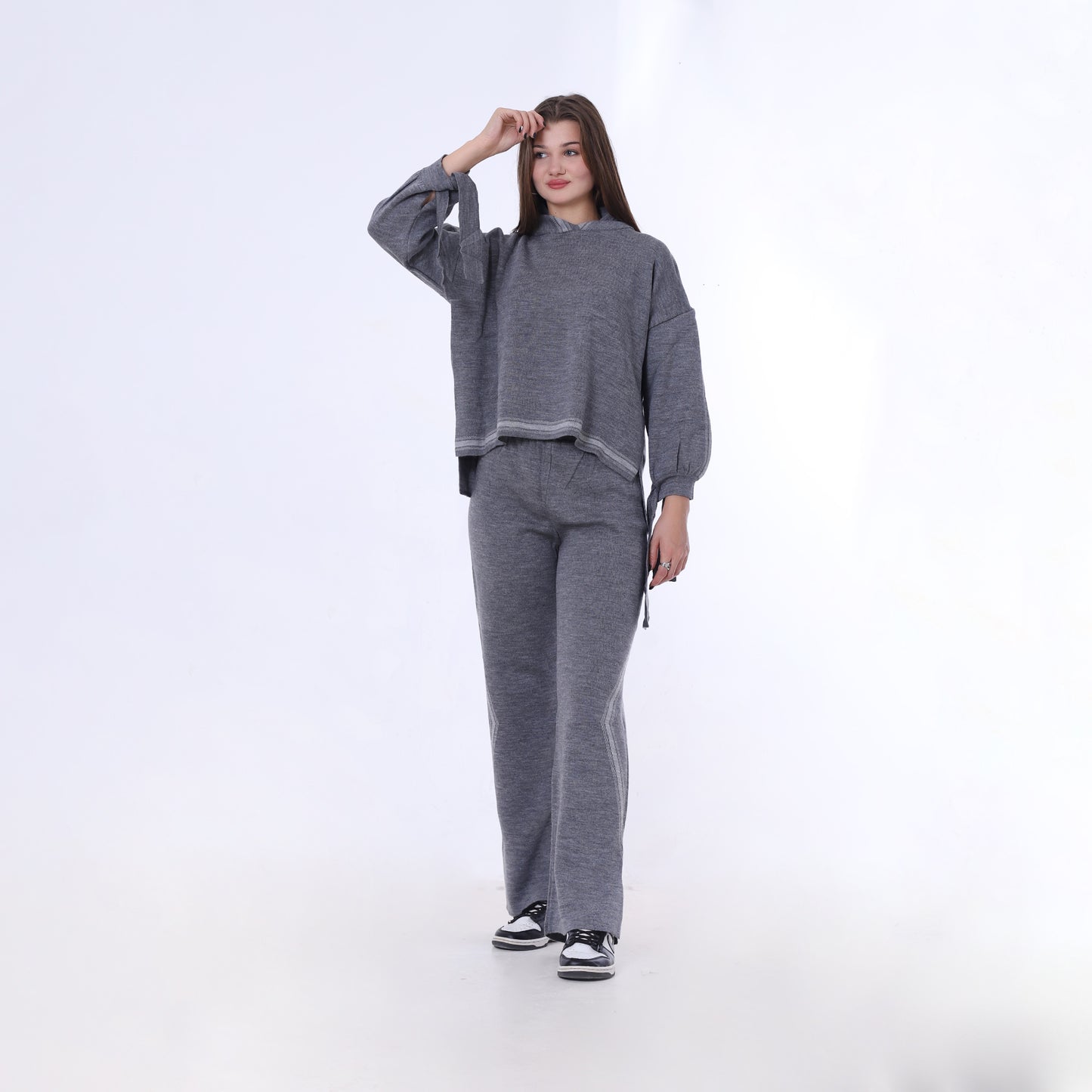 Gray Knitted Set of Hoddie & Side Slit Pants