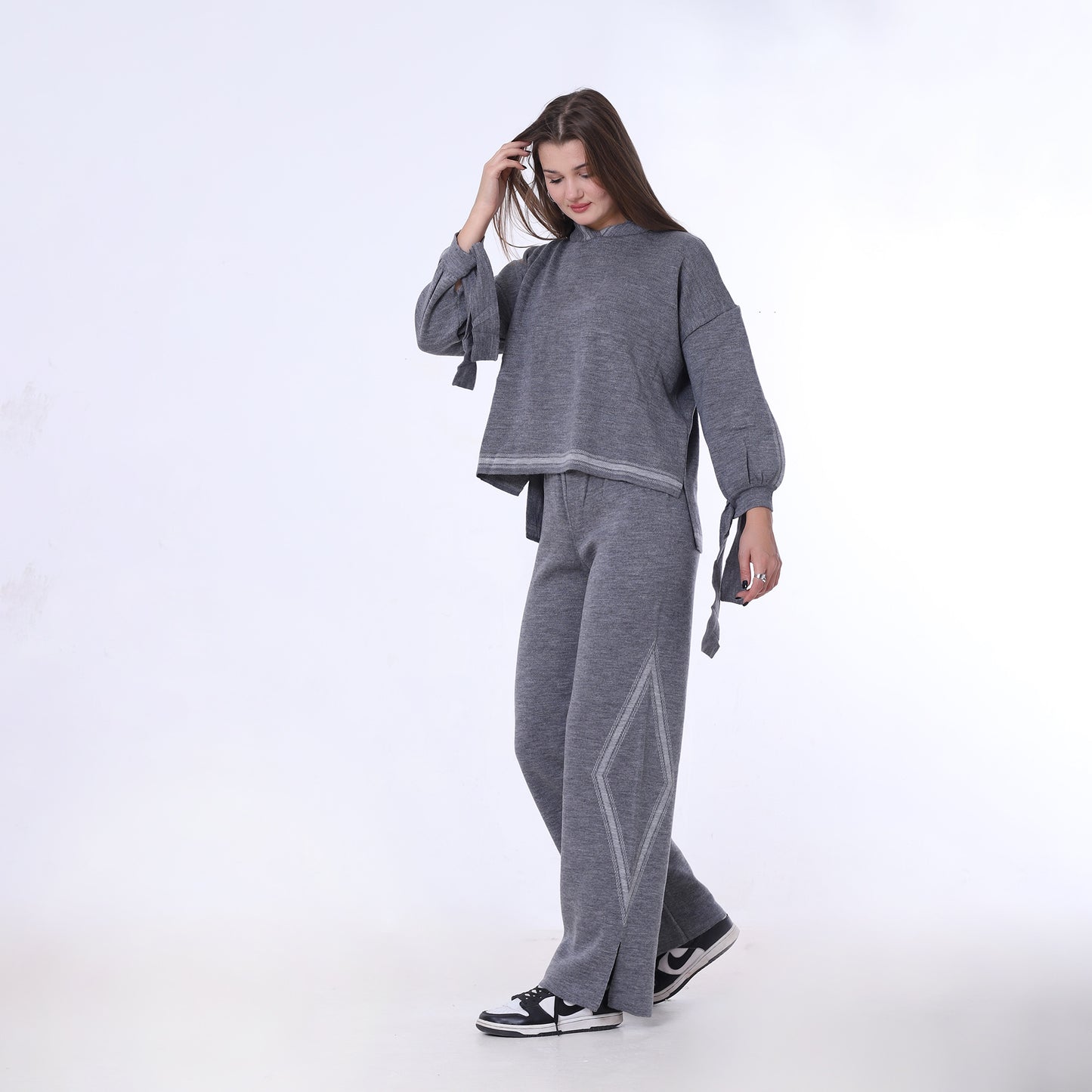 Gray Knitted Set of Hoddie & Side Slit Pants