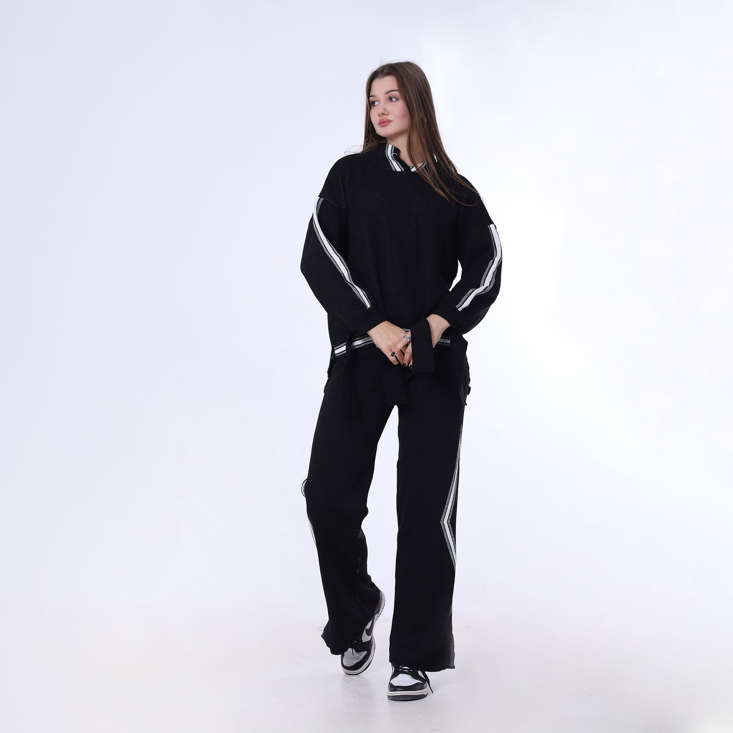 Black Knitted Set of Hoddie & Side Slit Pants