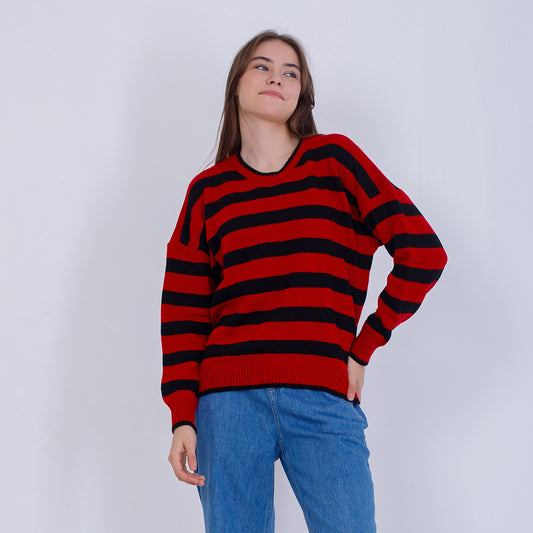 Red Bi-Tone Striped knitted Pullover