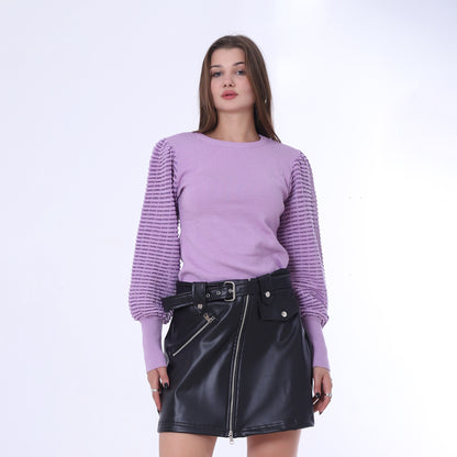 بلوفر سادة بأكمام منفوخة بلون اللافندر