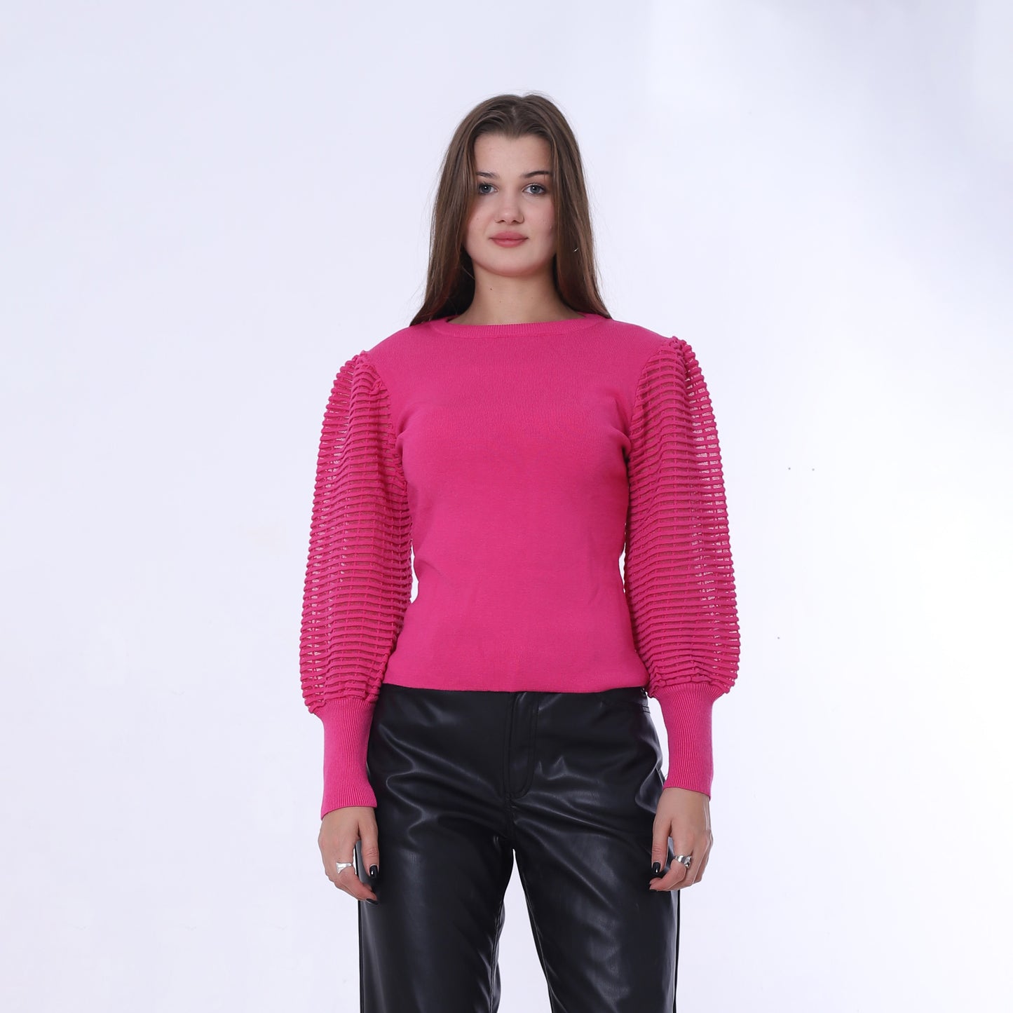 Fuchsia Puff Sleeves Plain Pullover