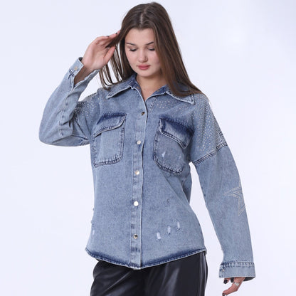 Blue Strass Denim Shirt with Press Buttons