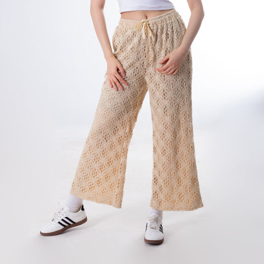 Beige Wide Leg Mesh Pants