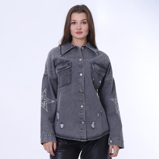 Black Strass Denim Shirt with Press Buttons