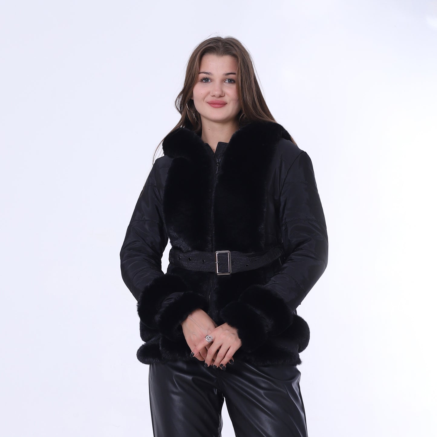 Black Waterproof Jacket Decorated with Soft Fur