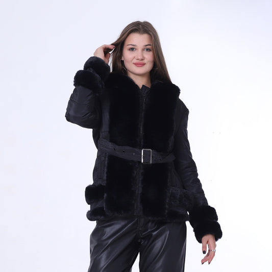 Black Waterproof Jacket Decorated with Soft Fur