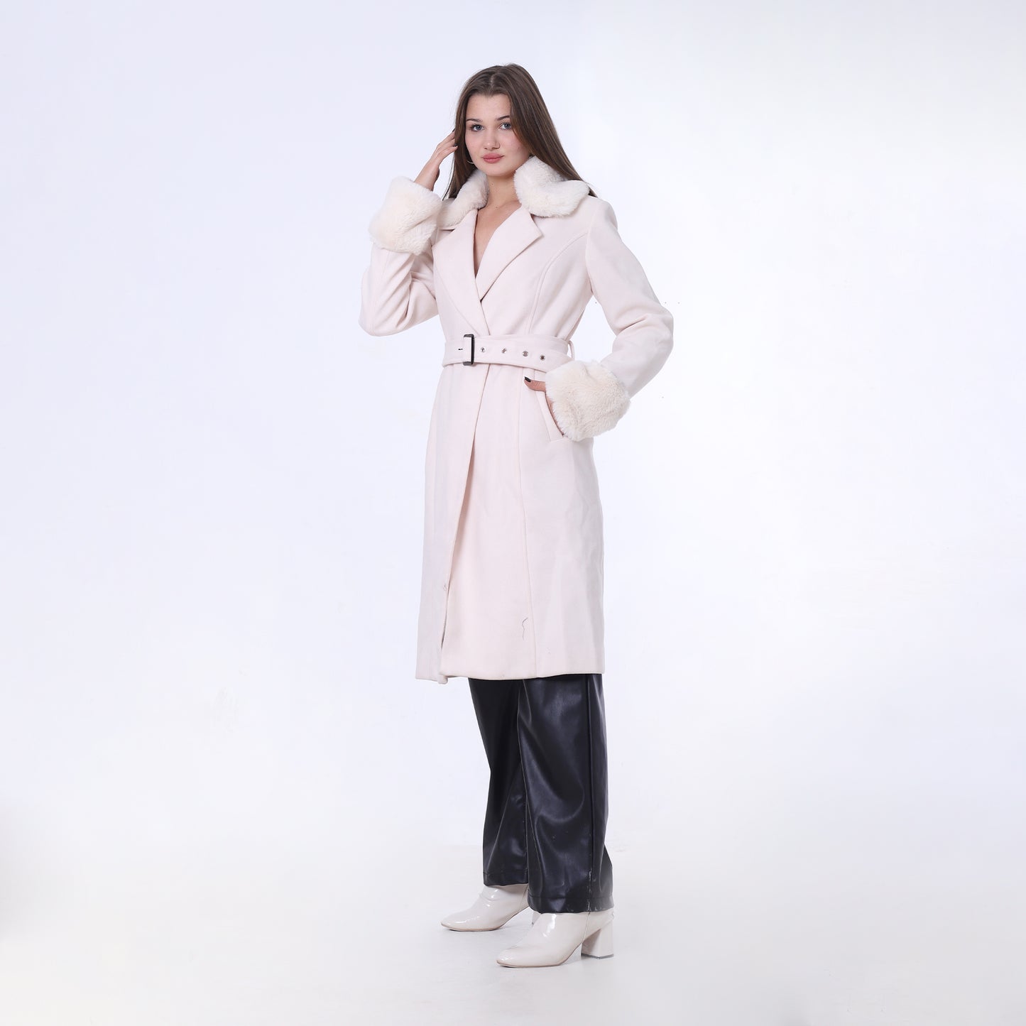 Off-White Belted Coat with Fur Collar