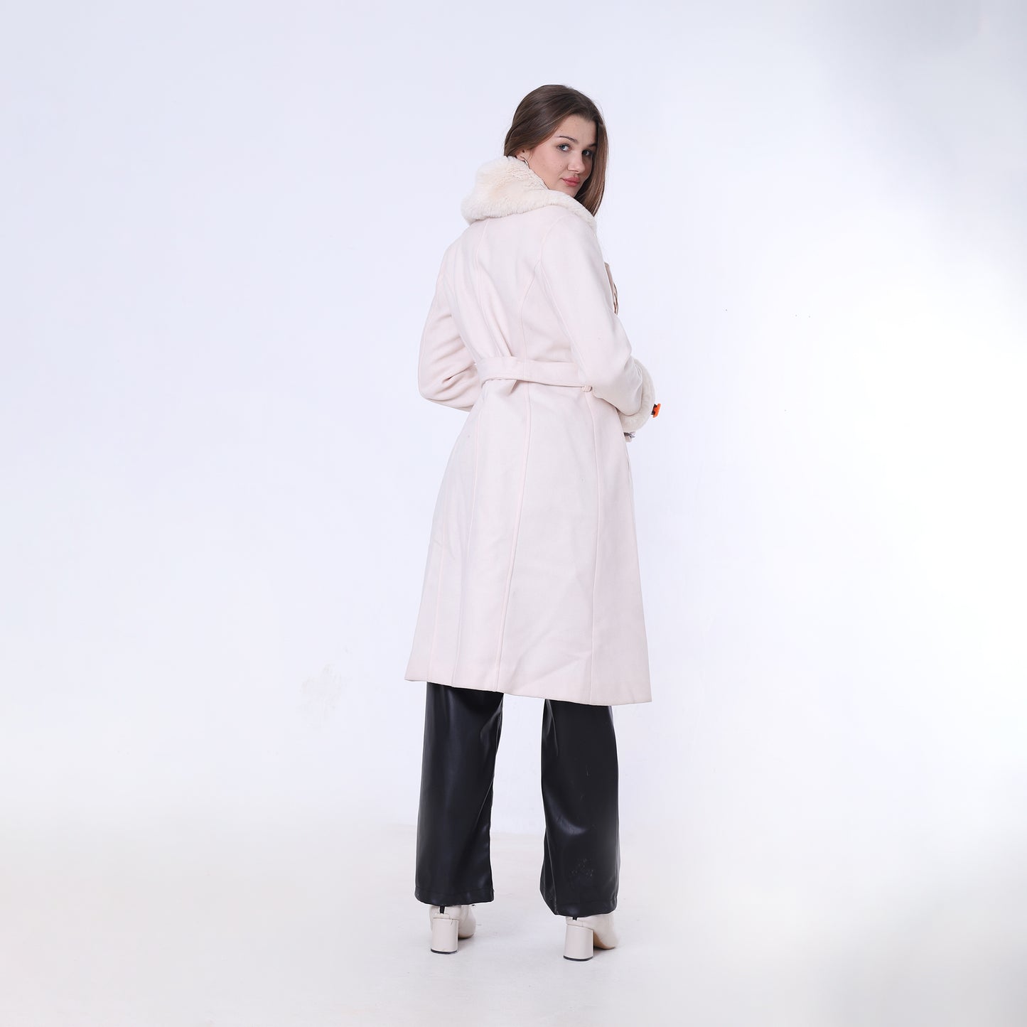 Off-White Belted Coat with Fur Collar