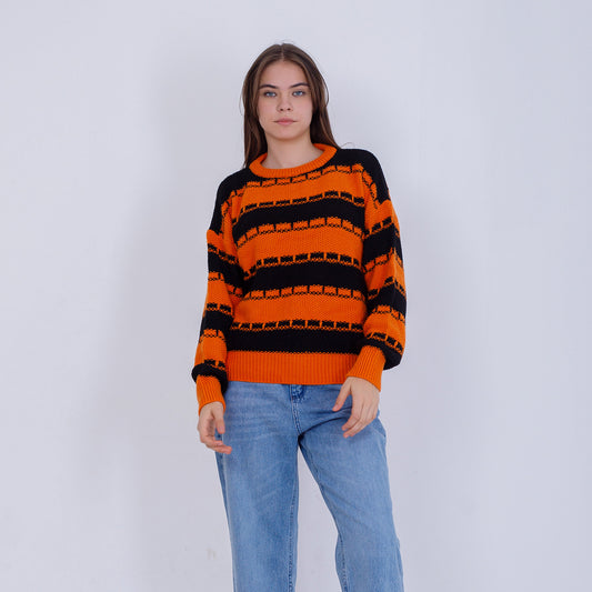 بلوفر برتقالي محبوك برقبة دائرية