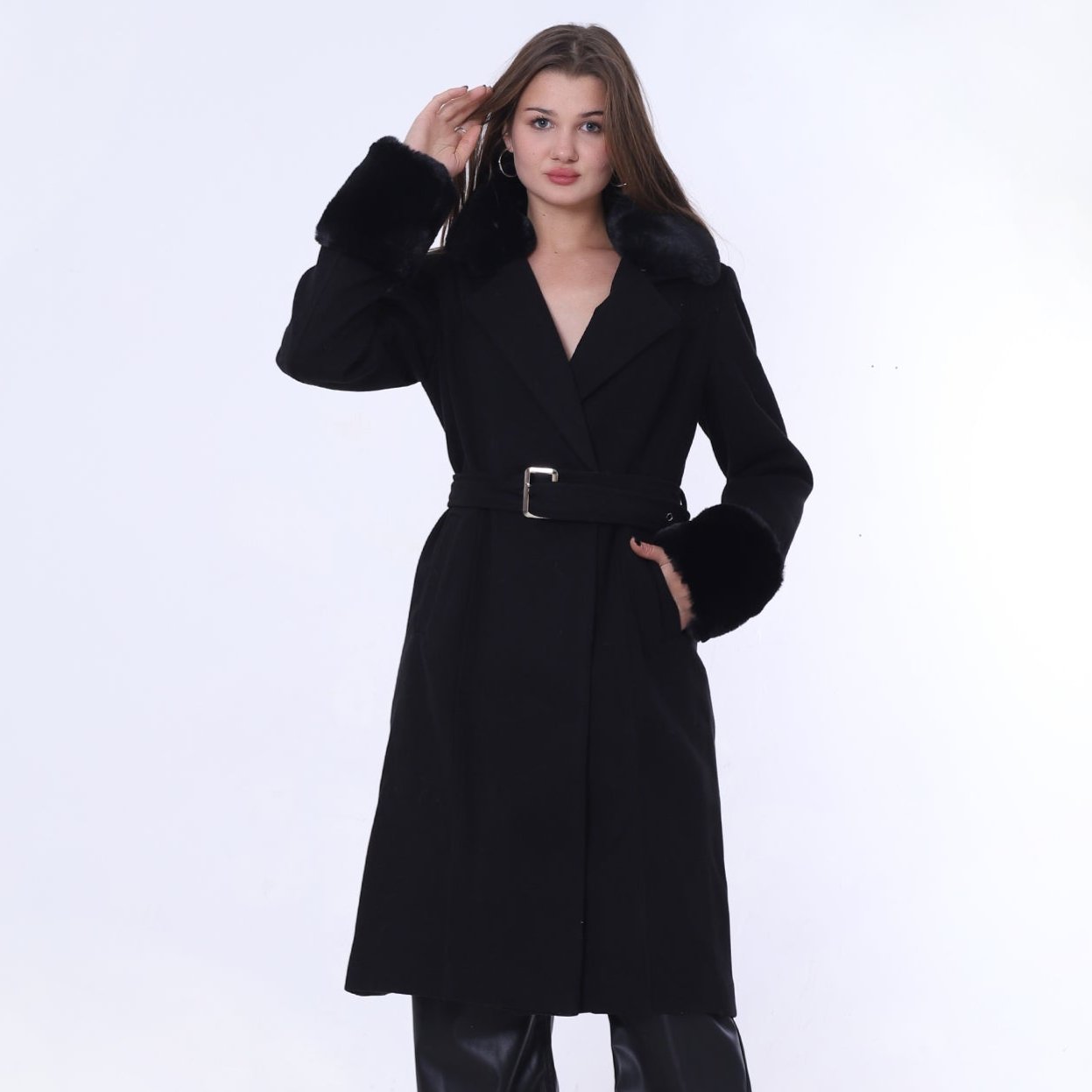 Black Belted Coat with Fur Collar