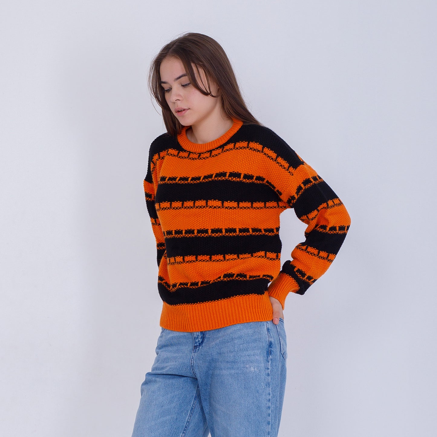 Orange Round Neck Knitted Pullover