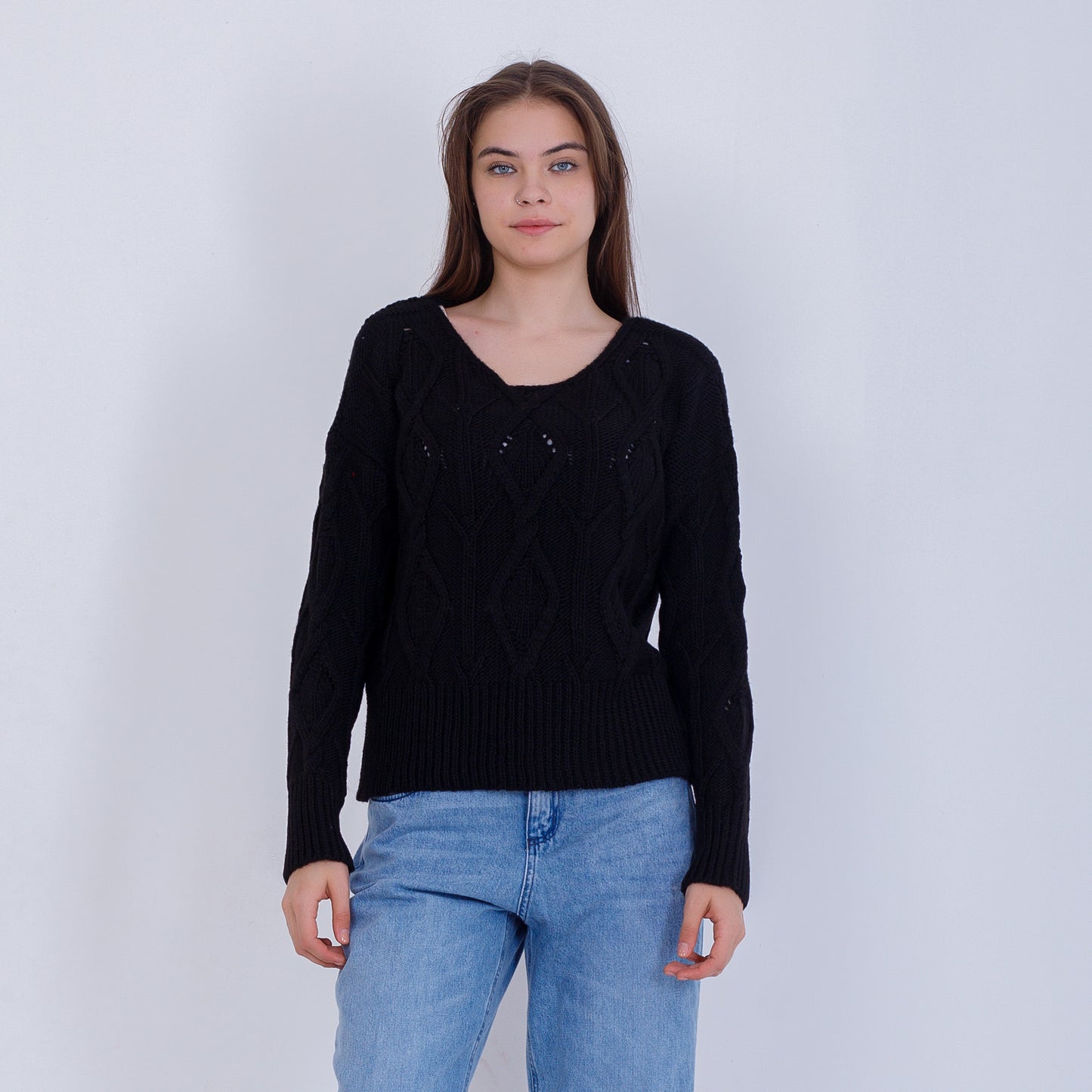 Black Wide Neck Cable Knit Pullover