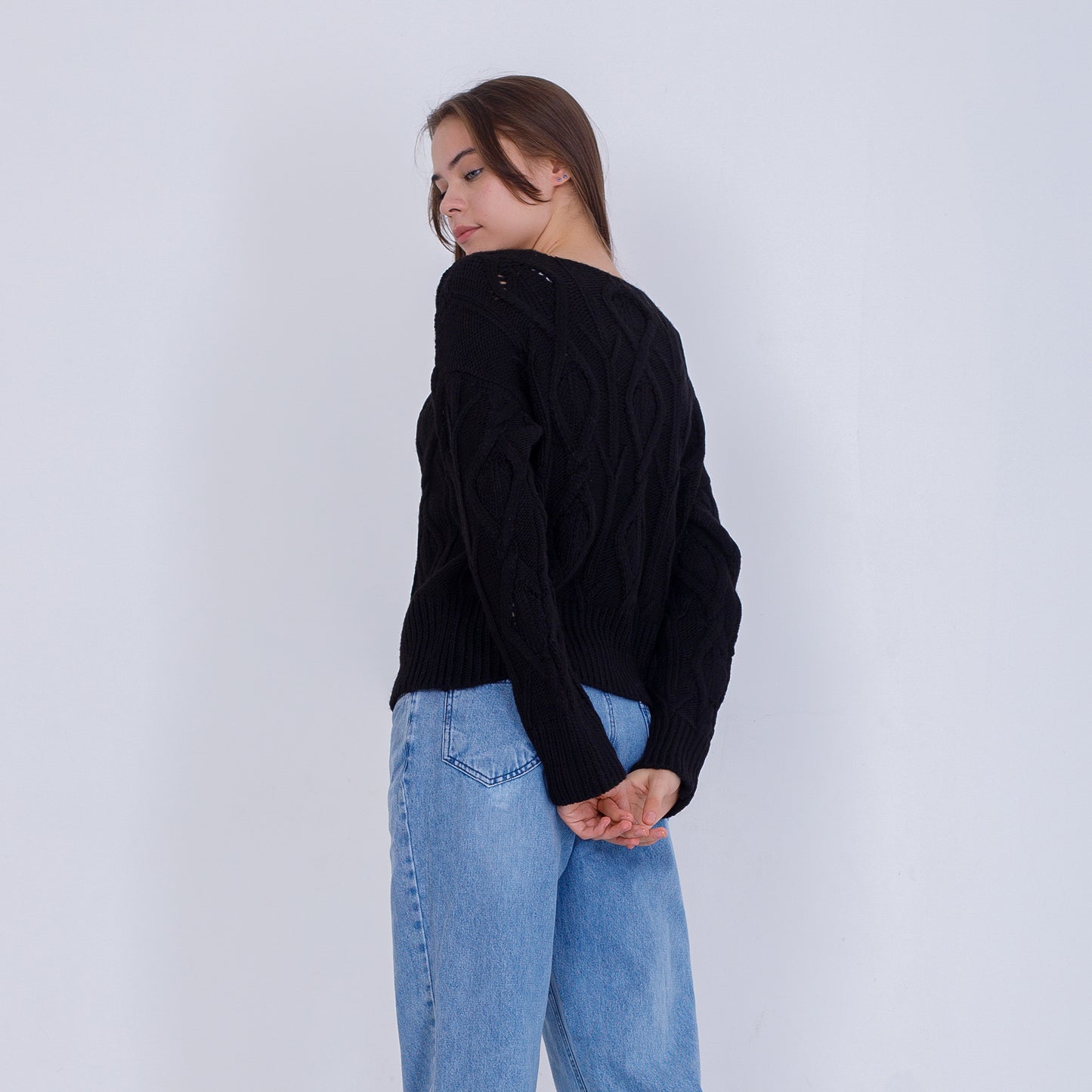 Black Wide Neck Cable Knit Pullover