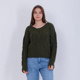 Green Wide Neck Cable Knit Pullover