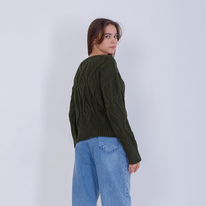بلوفر كابل محبوك باللون الأخضر برقبة واسعة
