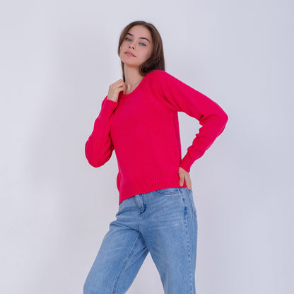 بلوفر فوشيا سادة محبوك بقصة عالية