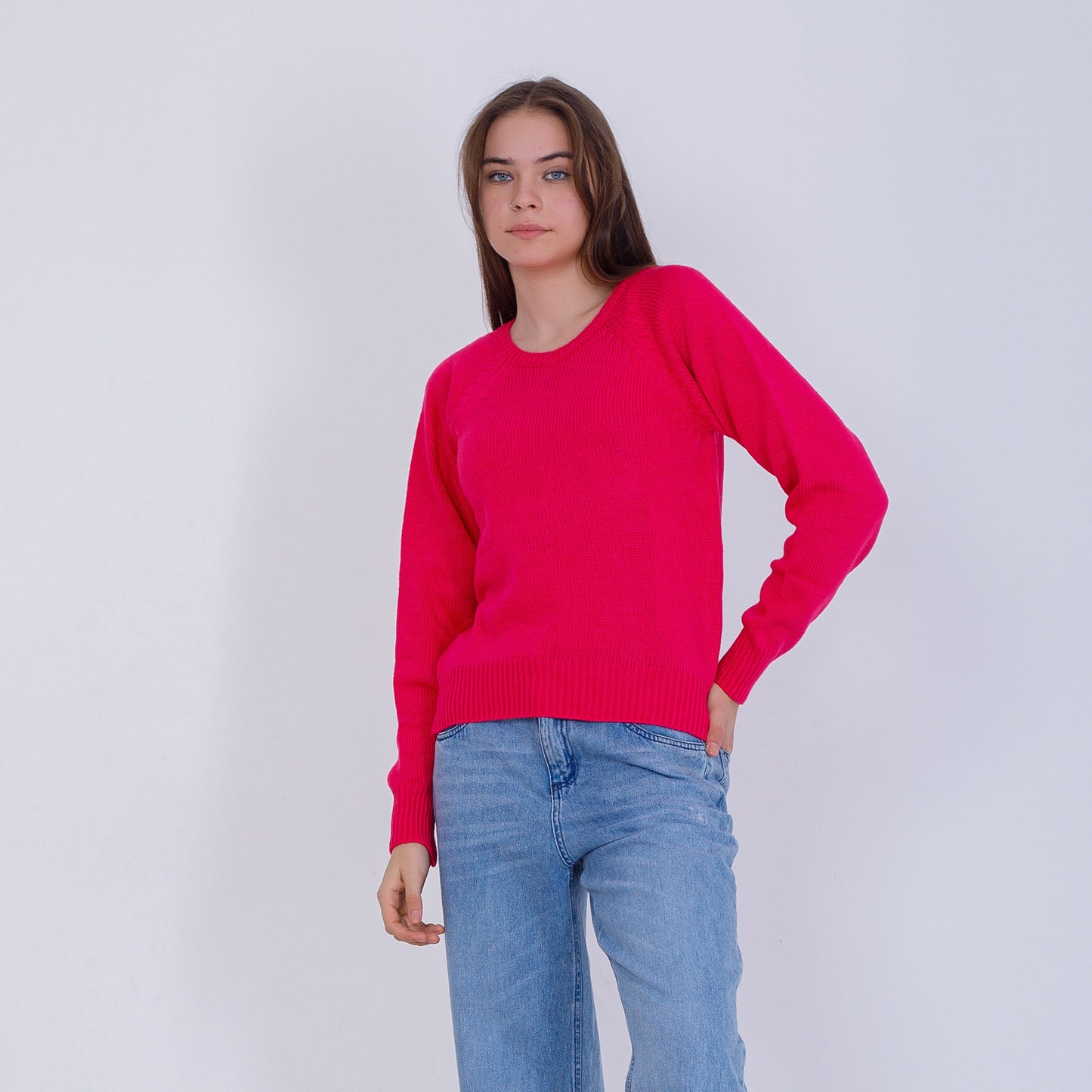 Fuchsia High Hip Knitted Plain Pullover