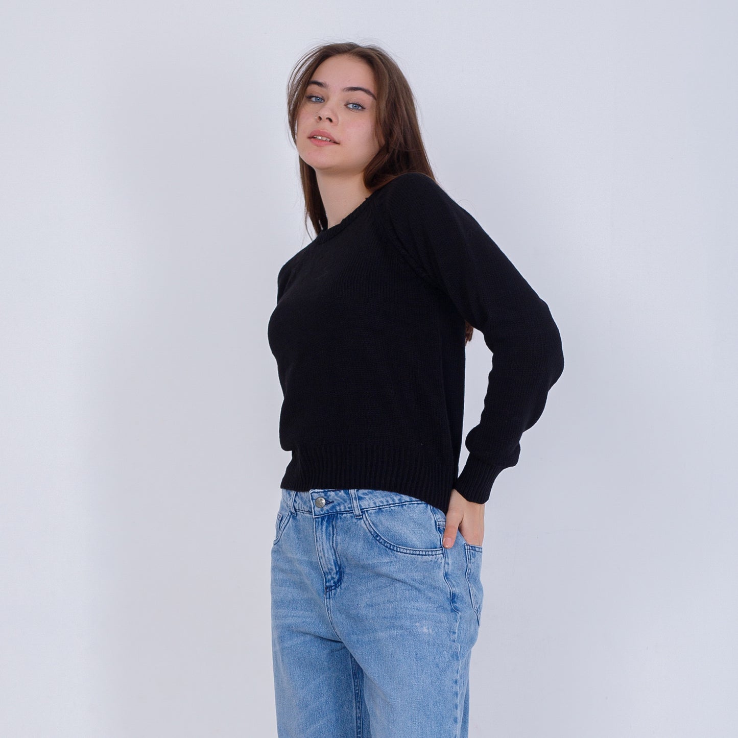 Black High Hip Knitted Plain Pullover